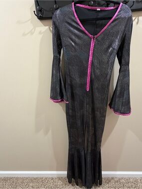 Black Metallic One Piece Bell Sleeve and Bottom Zip Up Suit Pink Trim Sz OSFM